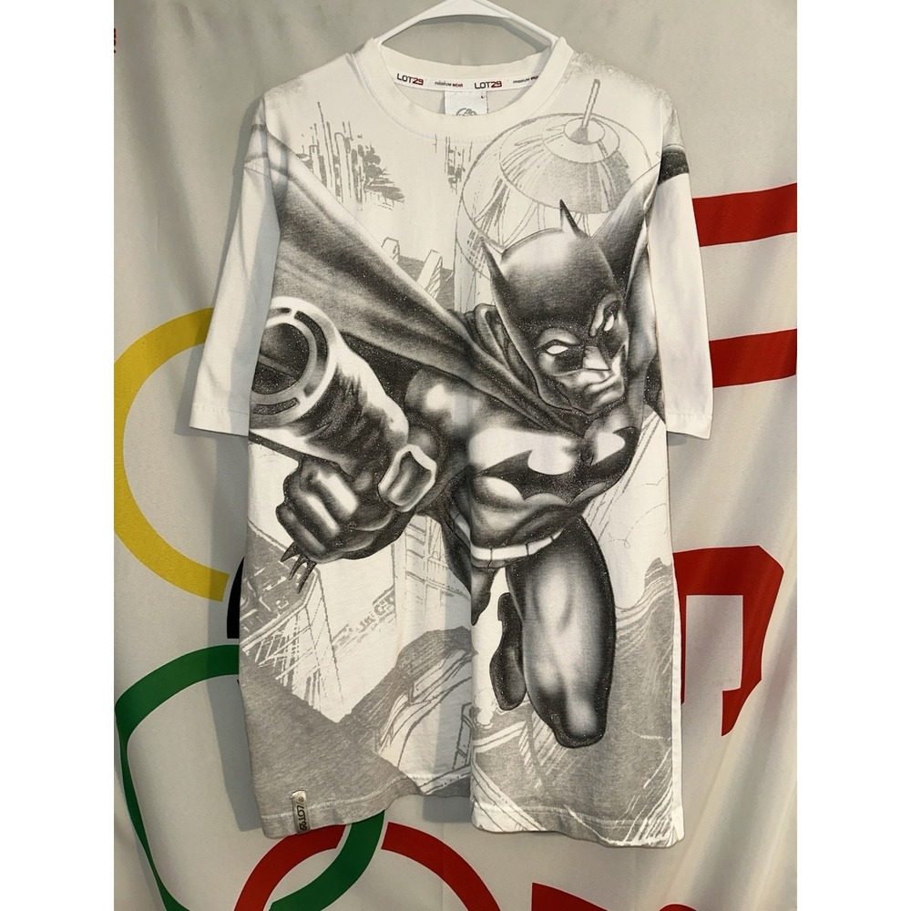 Vintage Y2K Lot 29 Batman T Shirt Large White Glitter Metallic DC Comics